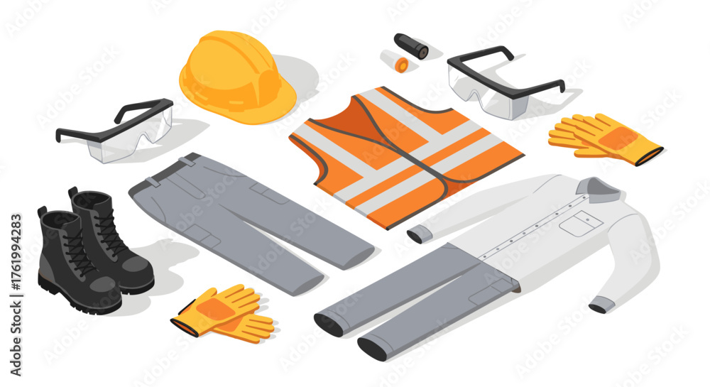 Construction safety gear set with isometric style featuring hard hat, vest, gloves, and boots