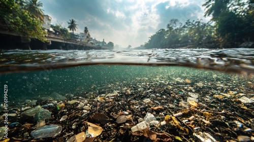 Wallpaper Mural Split level view of polluted river with debris and foliage, above and below water Torontodigital.ca