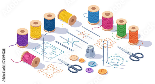 Colorful sewing supplies and embroidery patterns in isometric style
