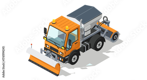 Isometric winter service truck with snowplow and road sweeper attachment