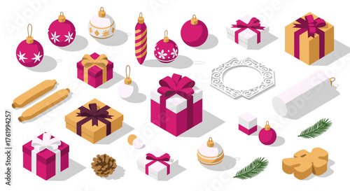 Festive christmas decorations in isometric style with gifts, ornaments, and cookies