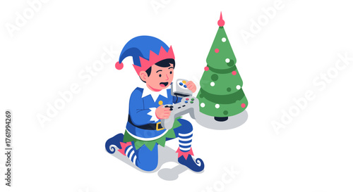 Christmas elf playing video game near festive tree in isometric style