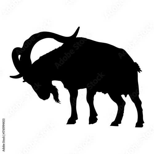 Black silhouette of a goat with large curved horns