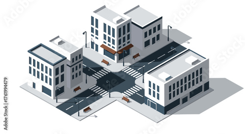 Modern isometric urban street intersection with buildings and crosswalks
