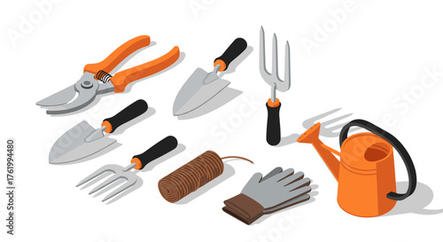 Isometric garden tools set with watering can and gloves