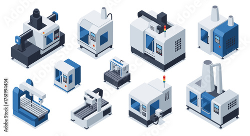 Isometric factory machines and equipment set for manufacturing concept