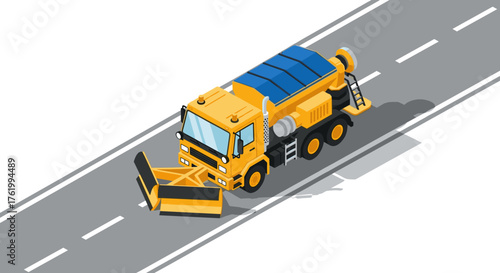 Isometric snowplow truck on road: winter maintenance equipment in action