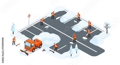Isometric snow removal scene with workers clearing parking lot