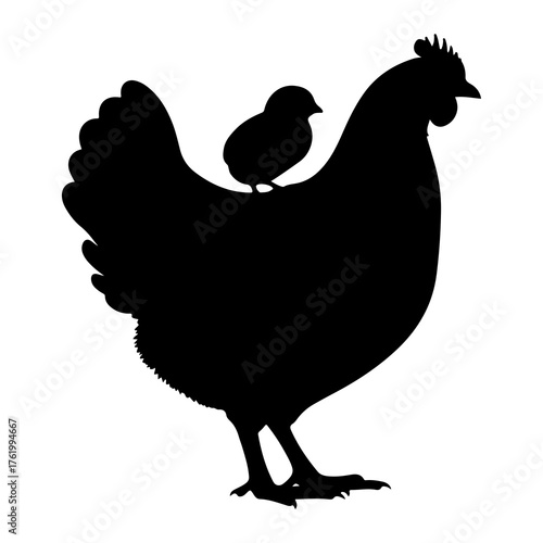 Black silhouette of hen and chick bird