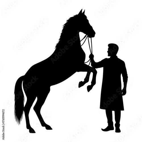 Black silhouette of man and rearing horse vector