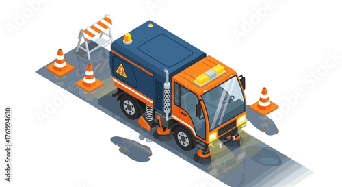 Isometric street sweeper and traffic cones on wet road scene
