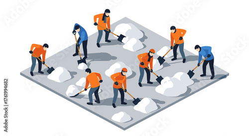 Isometric workers clearing snow: teamwork in cold weather