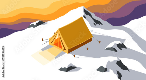 Isometric camping tent in a vibrant sunset mountain landscape