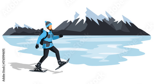 Winter adventure: person hiking in snowshoes by frozen lake and snowy mountains