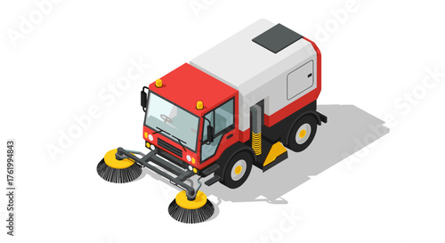 Isometric street sweeper truck on white background