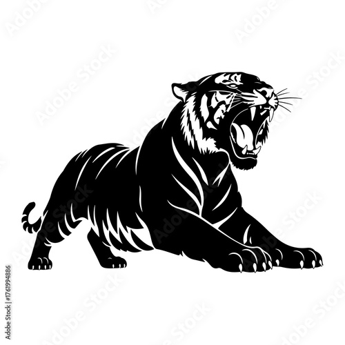 Black tiger roaring with sharp teeth aggressive wild animal