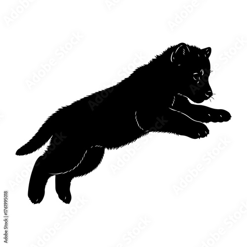 Black wolf cub leaping black silhouette jumping