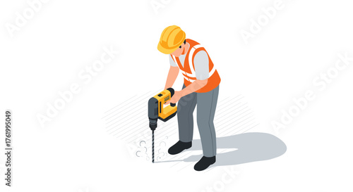 Construction worker operating jackhammer in isometric style