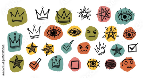 Doodle art crowns stars eyes checkmarks expressions vector illustration