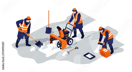 Winter maintenance crew removing snow with shovel and blower in isometric style