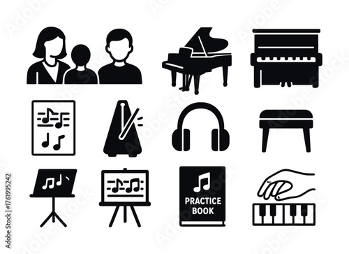 Music education icons: family, instruments, metronome, practice book, notes, headphones
