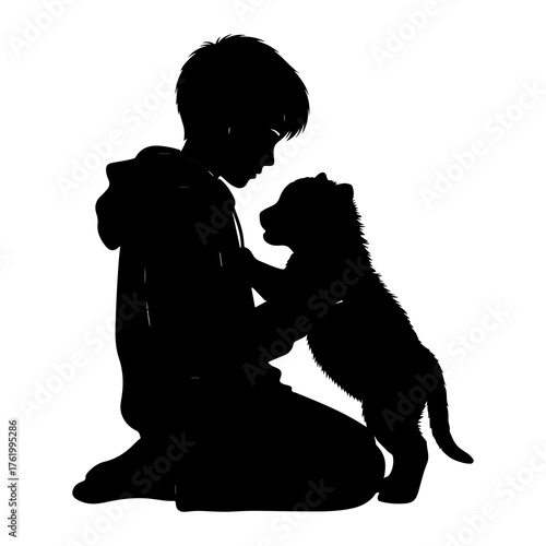 Boy and puppy interaction silhouette friendship
