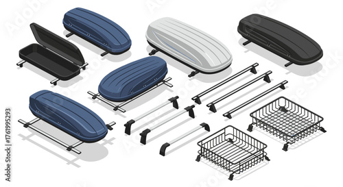 Isometric car roof cargo box set with racks and baskets