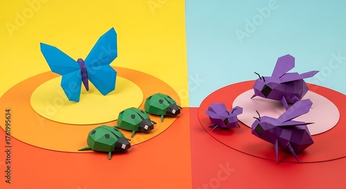 Colorful Origami Insects - Butterfly, Ladybugs, and Bees on Vibrant Backgrounds.