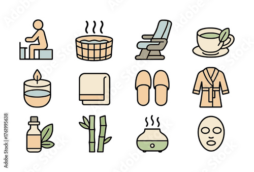 Spa and relaxation icons: hot tub, massage, aromatherapy, herbal tea, wellness