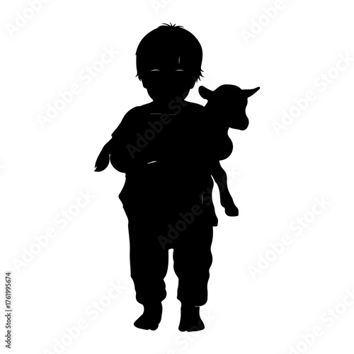 Child holding lamb silhouette black white
