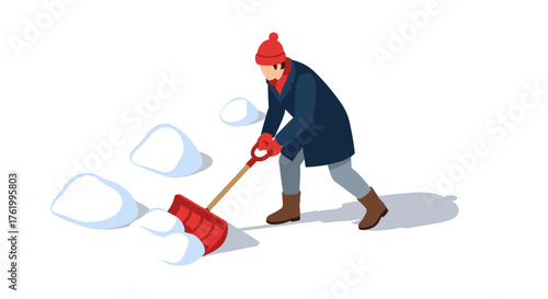 Person shoveling snow in winter attire on a clear day