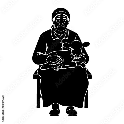 Elderly woman holding a calf farm animal sitting