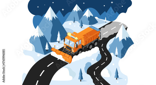 Snowplow vehicle clearing mountain roads in winter nighttime scene