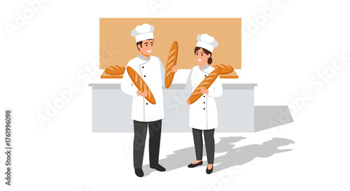 Chefs in bakery holding baguettes in modern flat design