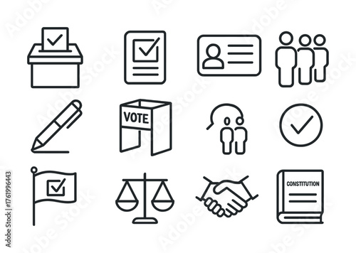 Election icons set: voting booth, id, ballot, pen, scales, handshake, flag, constitution