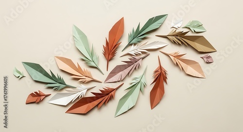 Colorful Paper Feather Art Composition on Beige Background.
