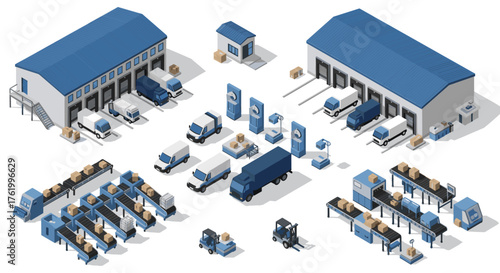Isometric warehouse logistics set: vehicles, boxes, and equipment in blue