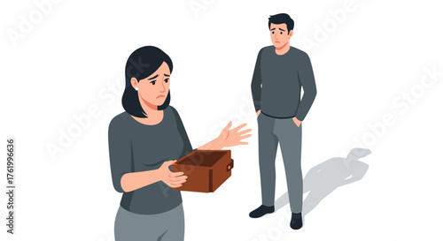 Couple facing financial challenges with empty wallet in minimalist style