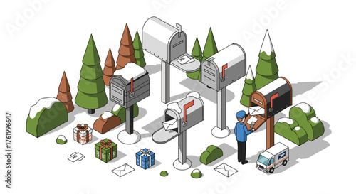 Isometric mailboxes and mailman with snow-covered trees and holiday packages