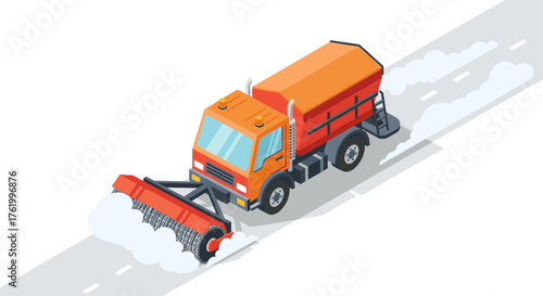 Isometric snowplow on winter road