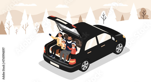 Family enjoying a winter road trip in car trunk with scenic mountain backdrop