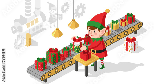Festive elf in toy workshop unwrapping gifts on factory conveyor belt