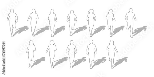 CAD Drawings. Outline Set of people running isolated on white background. standing. Front view. Vector illustration.
