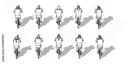 CAD Drawings. Set of people cycling  isolated on white background. standing. Top view. Vector illustration.