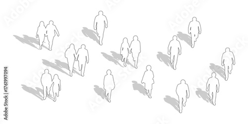 CAD Drawings. Outline Set of people walking , couple walking isolated on white background. standing. Top view. Vector illustration.