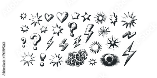 Hand Drawn Symbols Collection Stars Hearts Lightning Bolts Questions
