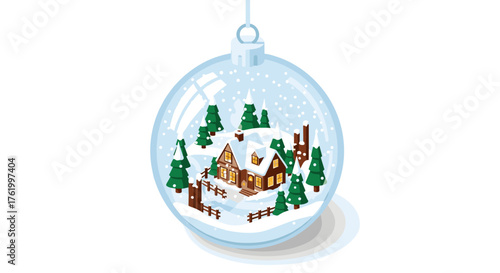 Winter wonderland in glass bauble with snowy cottage and pine trees