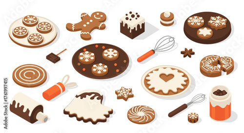 Festive isometric gingerbread cookies and baking utensils collection
