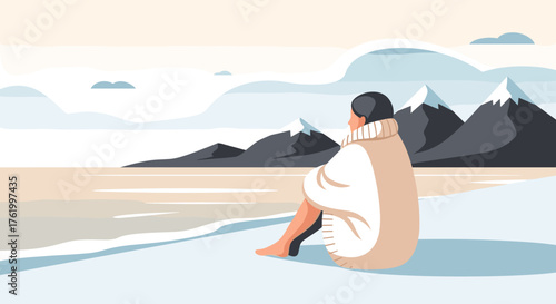 Serene winter scene with woman relaxing by snowy mountain lake