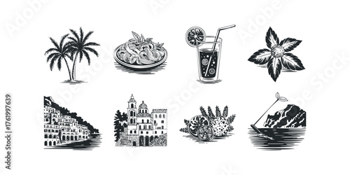 Coastal village with palm trees and Italian food